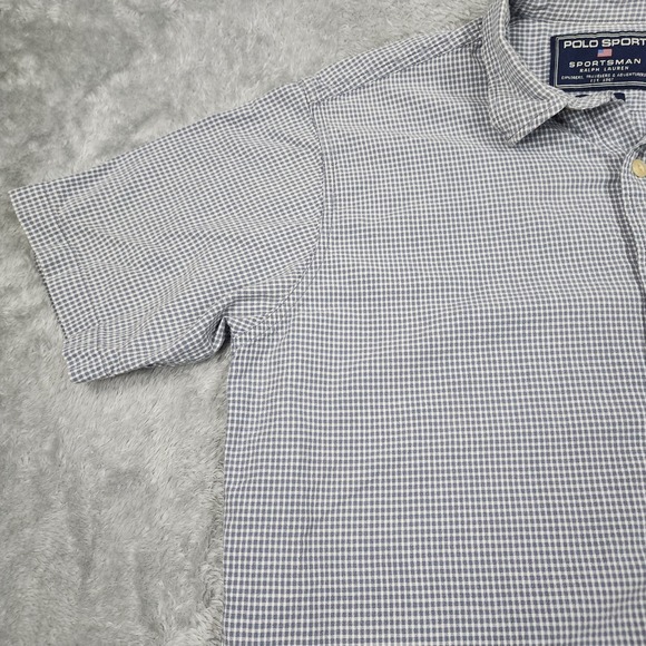 Polo Sport Ralph Lauren Shirt Mens Medium Gray Blue Gingham Cotton Short Sleeve - Picture 2 of 12